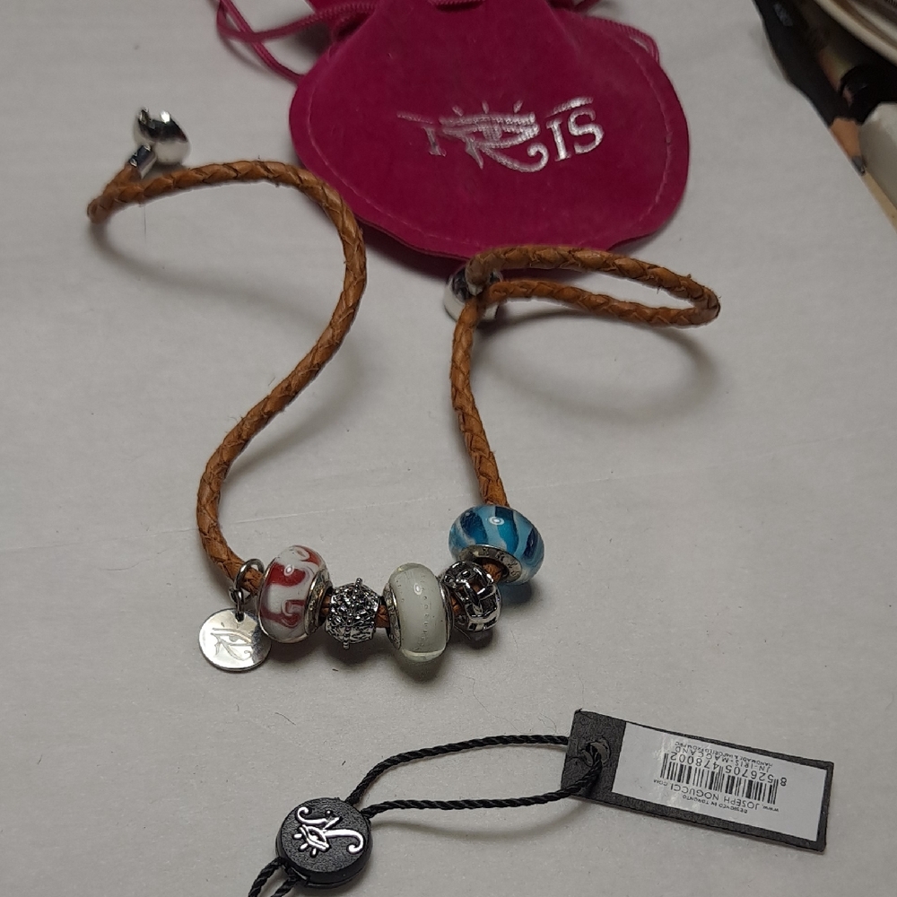 Joseph Nogucci Tan Leather Bracelet with Silver and Multicolor Beads
